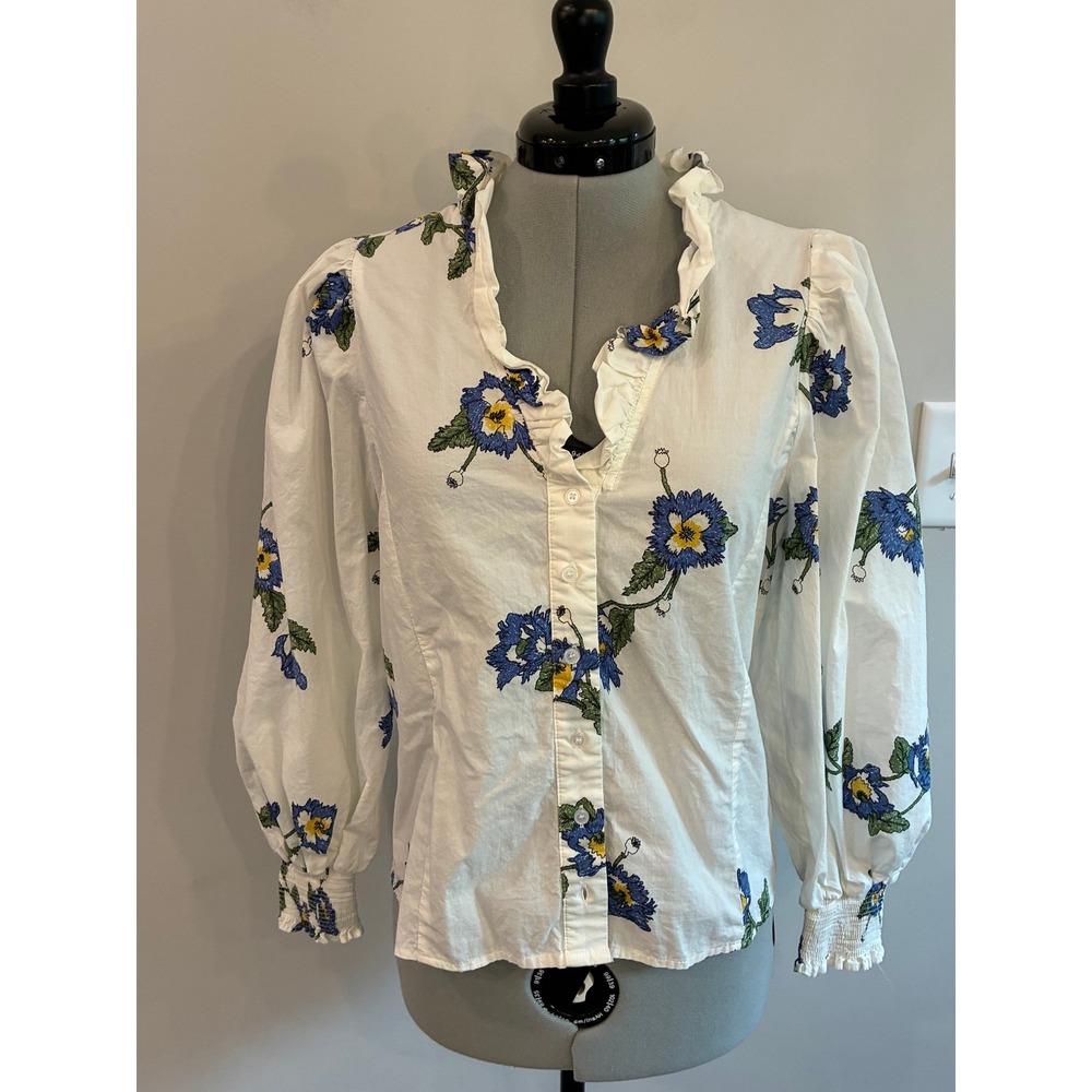 Entro Floral Ruffle V-Neck Puff Sleeve Cotton Blouse White Blue Small